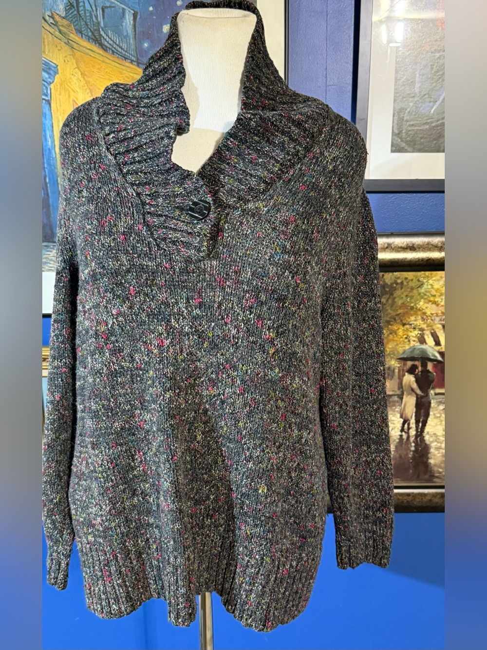 Liz Claiborne Charcoal Speckled Shawl-Collar Sweater Size-2X